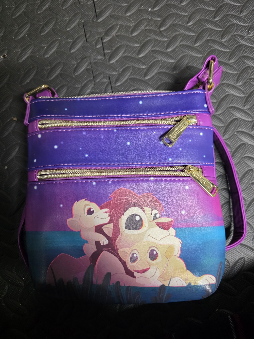 Purple Lion King Crossbody Bag with Gold Zippers